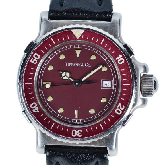 RARE Ladies 32mm Tiffany & Co Maroon Divers Watch w/ Leather Strap- Ref: L 0710! - Picture 1 of 10